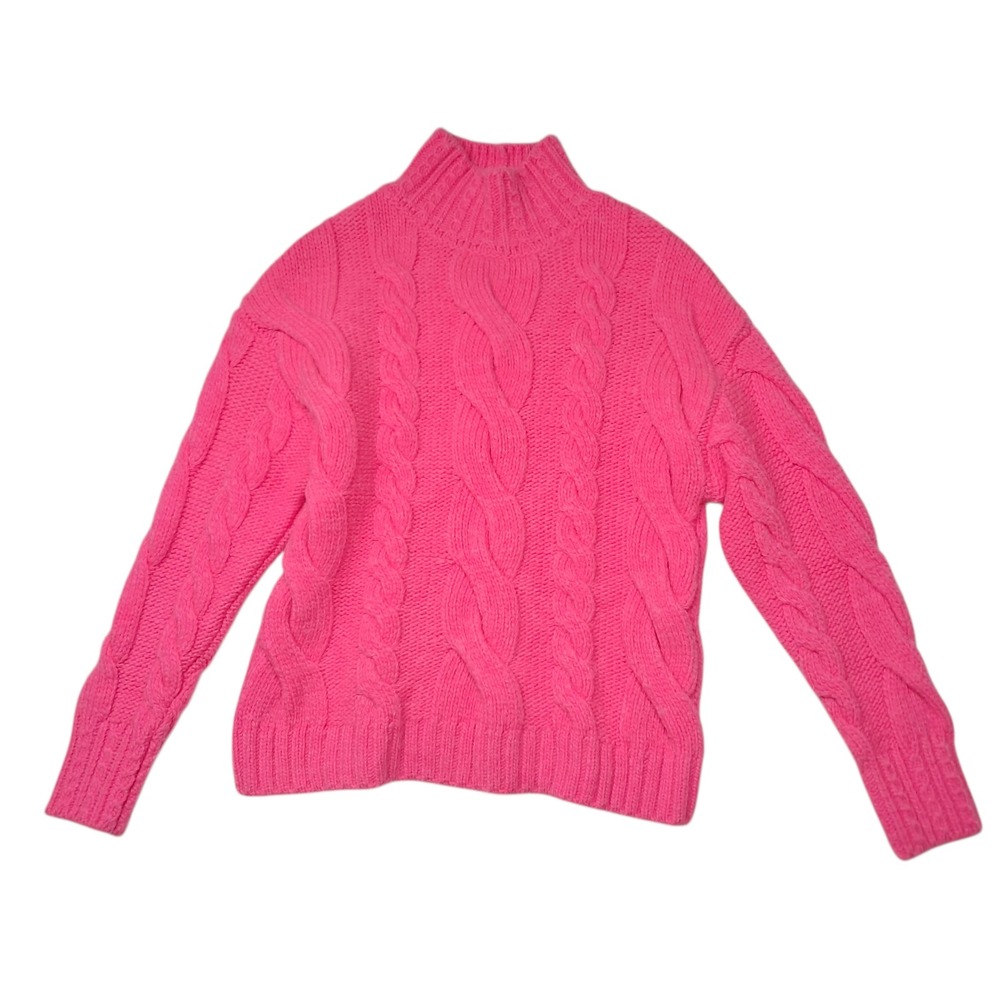 Anthropologie Sweater Women's XS Hot Pink Cable Knit Wool Blend Chunky Mock Neck